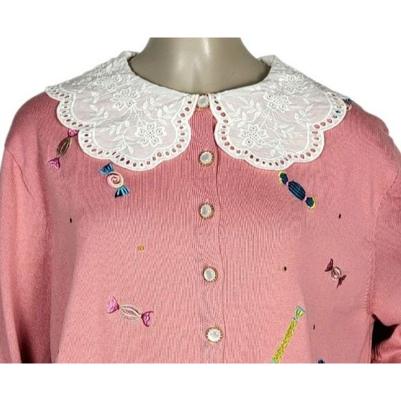 Royal Monk 50s Pink Lace Collar Candy Embroidered Opal Button Cardigan Sweater - Picture 5 of 14